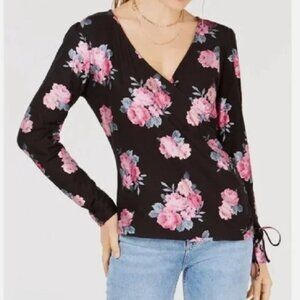 Ultra Flirt Black and Pink Floral Wrap Top